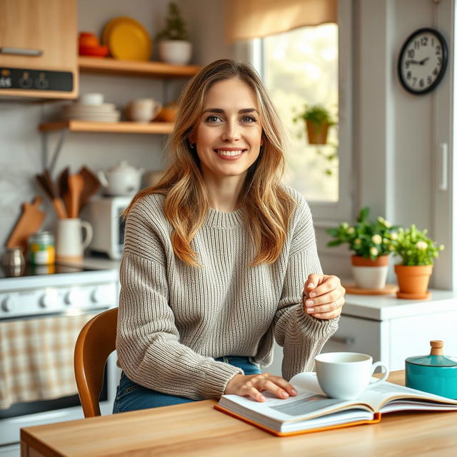 A beautiful Russian woman aged 35 to 45 years, sitting at a kitchen table in her cozy home