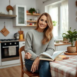 A beautiful Russian woman aged 35 to 45 years, sitting at a kitchen table in her cozy home
