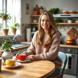 A beautiful Russian woman aged 35 to 45 years, sitting at a kitchen table in her cozy home