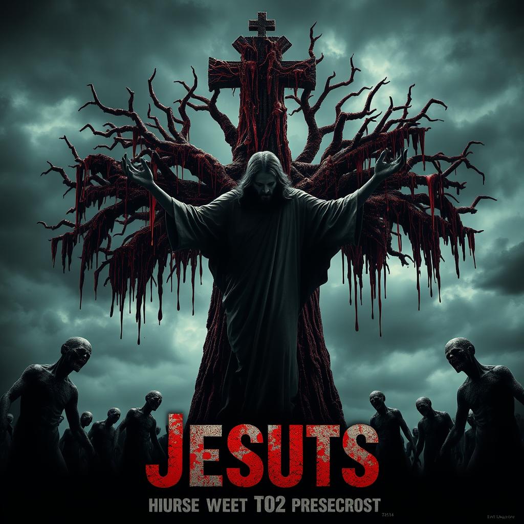 A chilling movie poster featuring a central Jesus Christ symbol in dark, shadowy silhouette, adorned with tattered, blood-stained robes