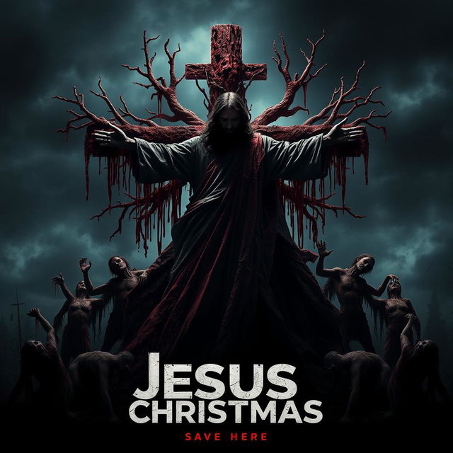 A chilling movie poster featuring a central Jesus Christ symbol in dark, shadowy silhouette, adorned with tattered, blood-stained robes