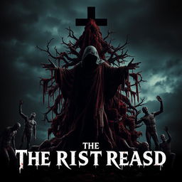 A chilling movie poster featuring a central Jesus Christ symbol in dark, shadowy silhouette, adorned with tattered, blood-stained robes