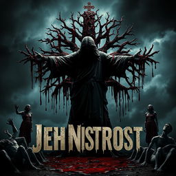 A chilling movie poster featuring a central Jesus Christ symbol in dark, shadowy silhouette, adorned with tattered, blood-stained robes