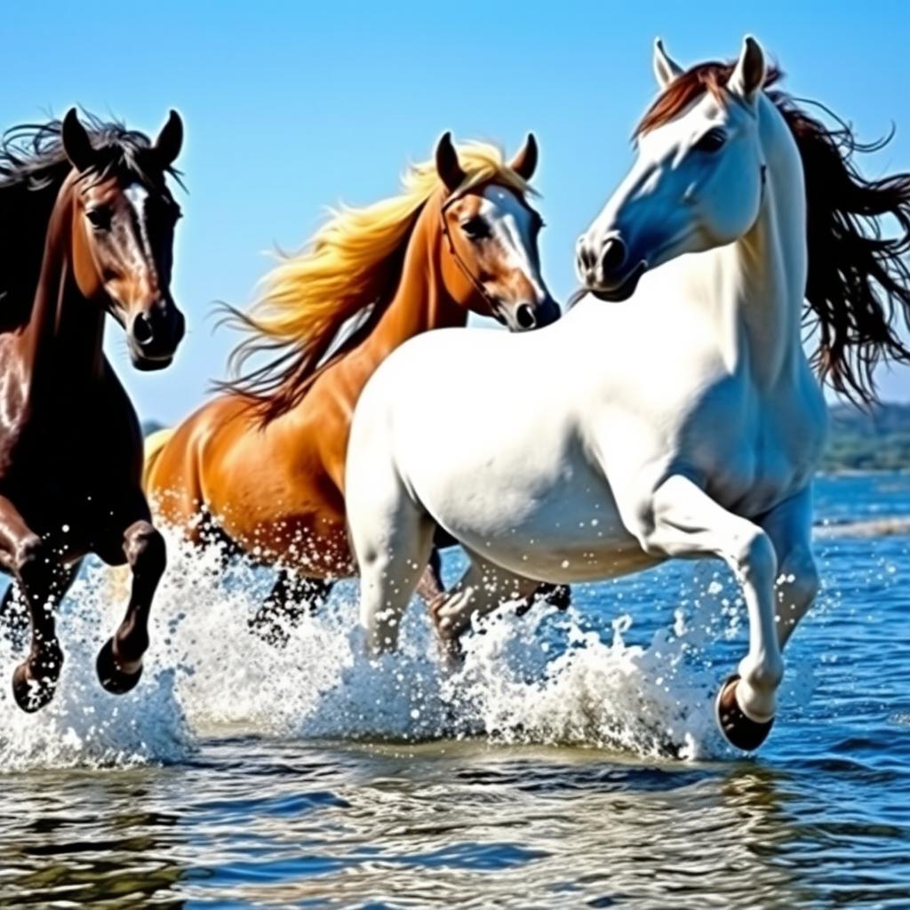 Three running horses in water; one horse is black, and the other two horses are pure white