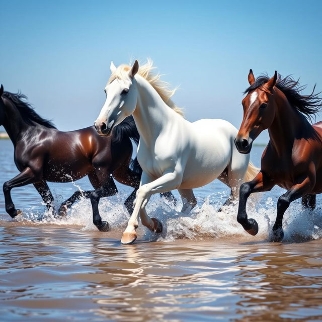 Three running horses in water; one horse is black, and the other two horses are pure white