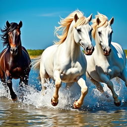 Three running horses in water; one horse is black, and the other two horses are pure white
