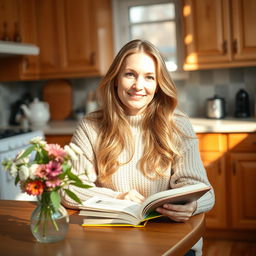 A beautiful Russian woman aged 35 to 45 years, sitting at a kitchen table in her home
