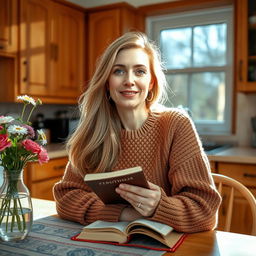 A beautiful Russian woman aged 35 to 45 years, sitting at a kitchen table in her home