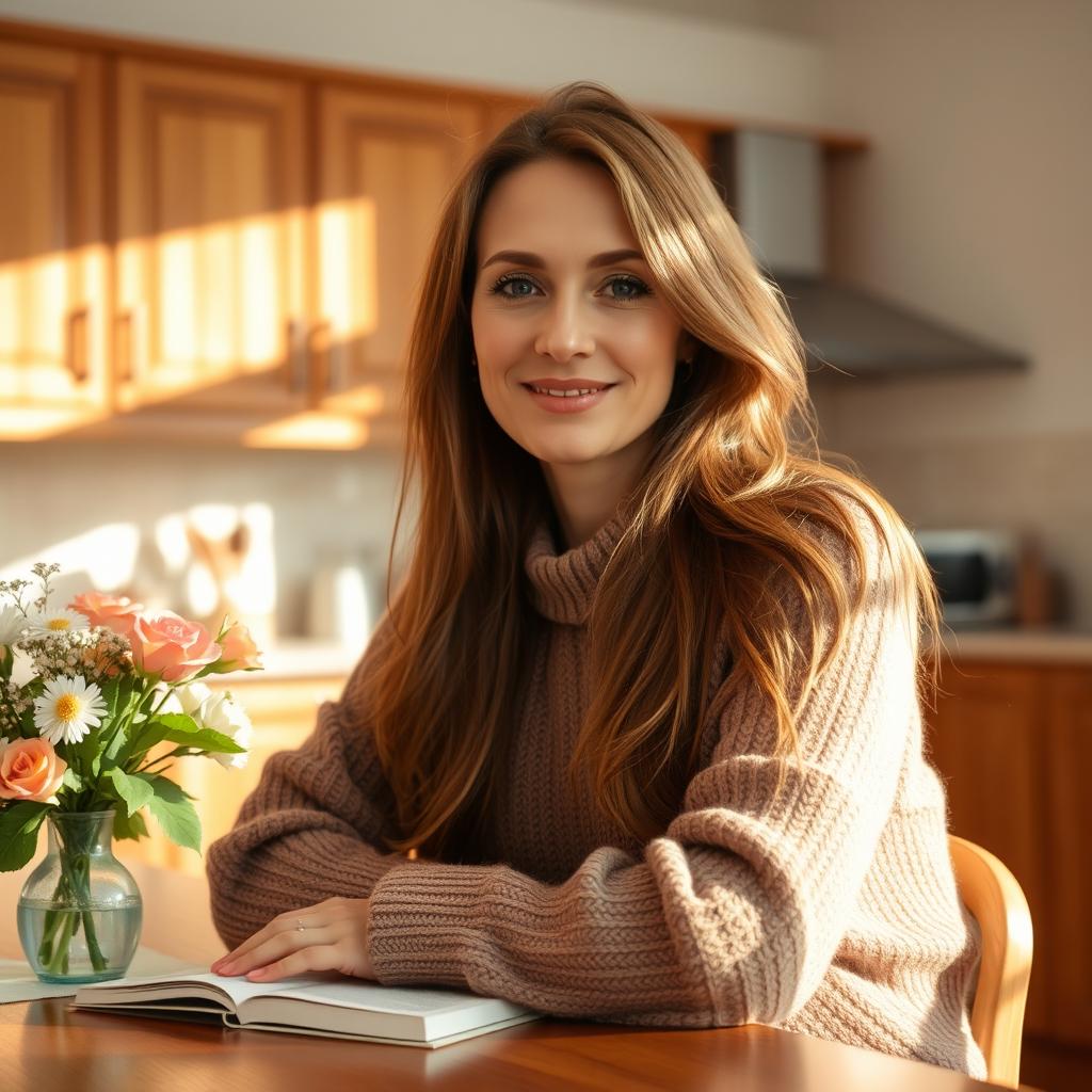 A beautiful Russian woman aged 35 to 45 years, sitting at a kitchen table in her home