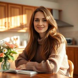 A beautiful Russian woman aged 35 to 45 years, sitting at a kitchen table in her home