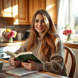 A beautiful Russian woman aged 35 to 45 years, sitting at a kitchen table in her home