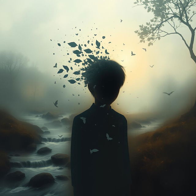 A surreal and artistic representation of a faceless young boy in a dreamlike landscape, with abstract and impressionistic elements