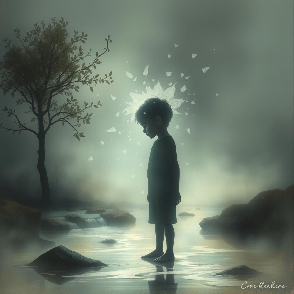 A surreal and artistic representation of a faceless young boy in a dreamlike landscape, with abstract and impressionistic elements