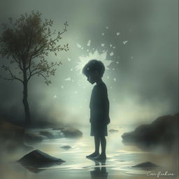 A surreal and artistic representation of a faceless young boy in a dreamlike landscape, with abstract and impressionistic elements