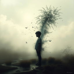 A surreal and artistic representation of a faceless young boy in a dreamlike landscape, with abstract and impressionistic elements