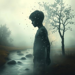 A surreal and artistic representation of a faceless young boy in a dreamlike landscape, with abstract and impressionistic elements