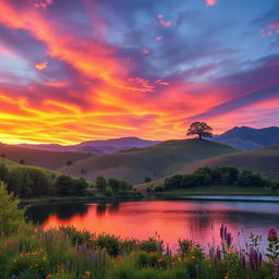 A majestic and serene landscape featuring a picturesque view of rolling hills and a vibrant sunset