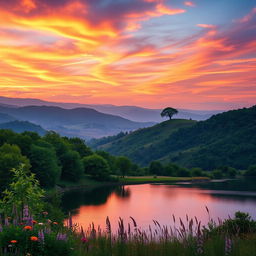 A majestic and serene landscape featuring a picturesque view of rolling hills and a vibrant sunset