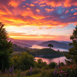 A majestic and serene landscape featuring a picturesque view of rolling hills and a vibrant sunset