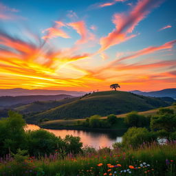 A majestic and serene landscape featuring a picturesque view of rolling hills and a vibrant sunset