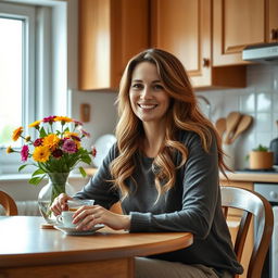 A beautiful Russian woman aged 35 to 45 years, sitting at a kitchen table in her home, radiating warmth and charm