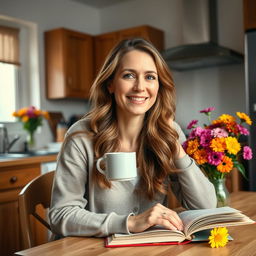A beautiful Russian woman aged 35 to 45 years, sitting at a kitchen table in her home, radiating warmth and charm