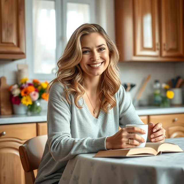 A beautiful Russian woman aged 35 to 45 years, sitting at a kitchen table in her home, radiating warmth and charm