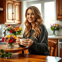 A beautiful Russian woman aged 35 to 45 years, sitting at a kitchen table in her home, radiating warmth and charm