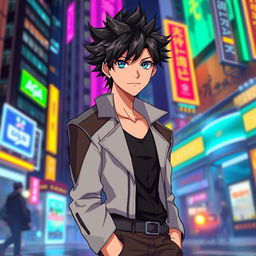 A handsome anime-style male character, with striking features, sharp jawline, and expressive eyes reflecting a confident personality