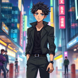 A handsome anime-style male character, with striking features, sharp jawline, and expressive eyes reflecting a confident personality