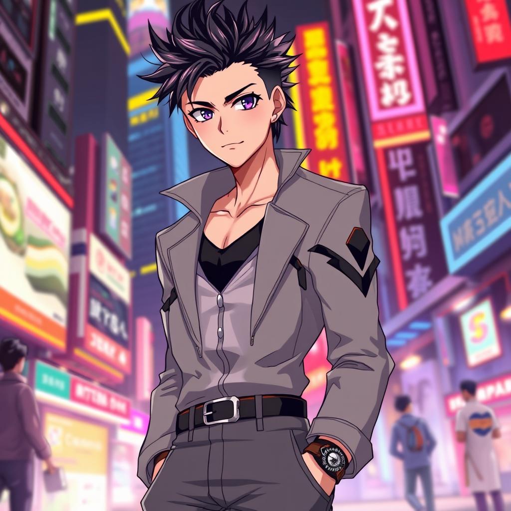 A handsome anime-style male character, with striking features, sharp jawline, and expressive eyes reflecting a confident personality