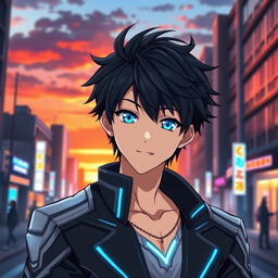 A handsome anime-style male character with striking blue eyes and tousled black hair