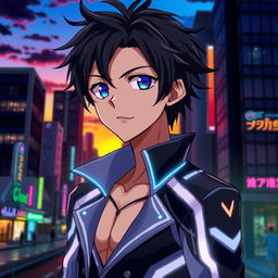 A handsome anime-style male character with striking blue eyes and tousled black hair