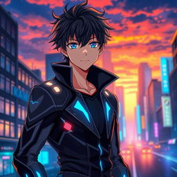 A handsome anime-style male character with striking blue eyes and tousled black hair