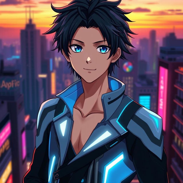 A handsome anime-style male character with striking blue eyes and tousled black hair