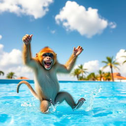 A joyful monkey dancing exuberantly in a bright blue swimming pool, splashes of water flying around, under a clear blue sky with fluffy white clouds