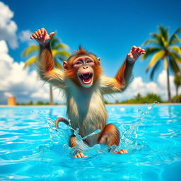 A joyful monkey dancing exuberantly in a bright blue swimming pool, splashes of water flying around, under a clear blue sky with fluffy white clouds