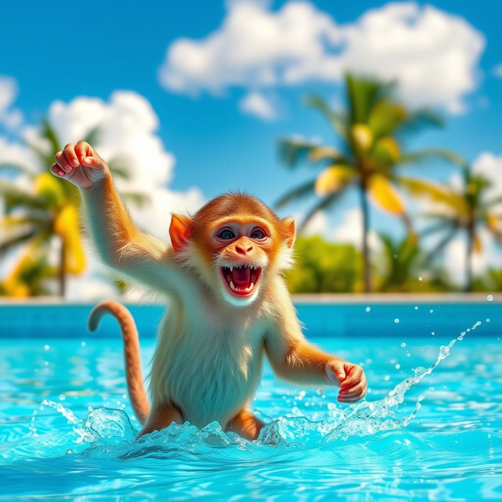 A joyful monkey dancing exuberantly in a bright blue swimming pool, splashes of water flying around, under a clear blue sky with fluffy white clouds