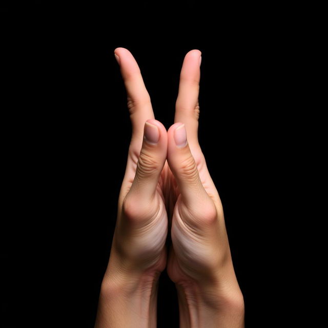 A close-up view of two hands with fingers intertwined in a unique formation, pointing upwards, creating an intriguing visual