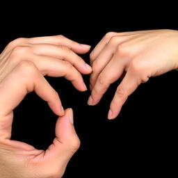 A close-up view of two hands with fingers intertwined in a unique formation, pointing upwards, creating an intriguing visual
