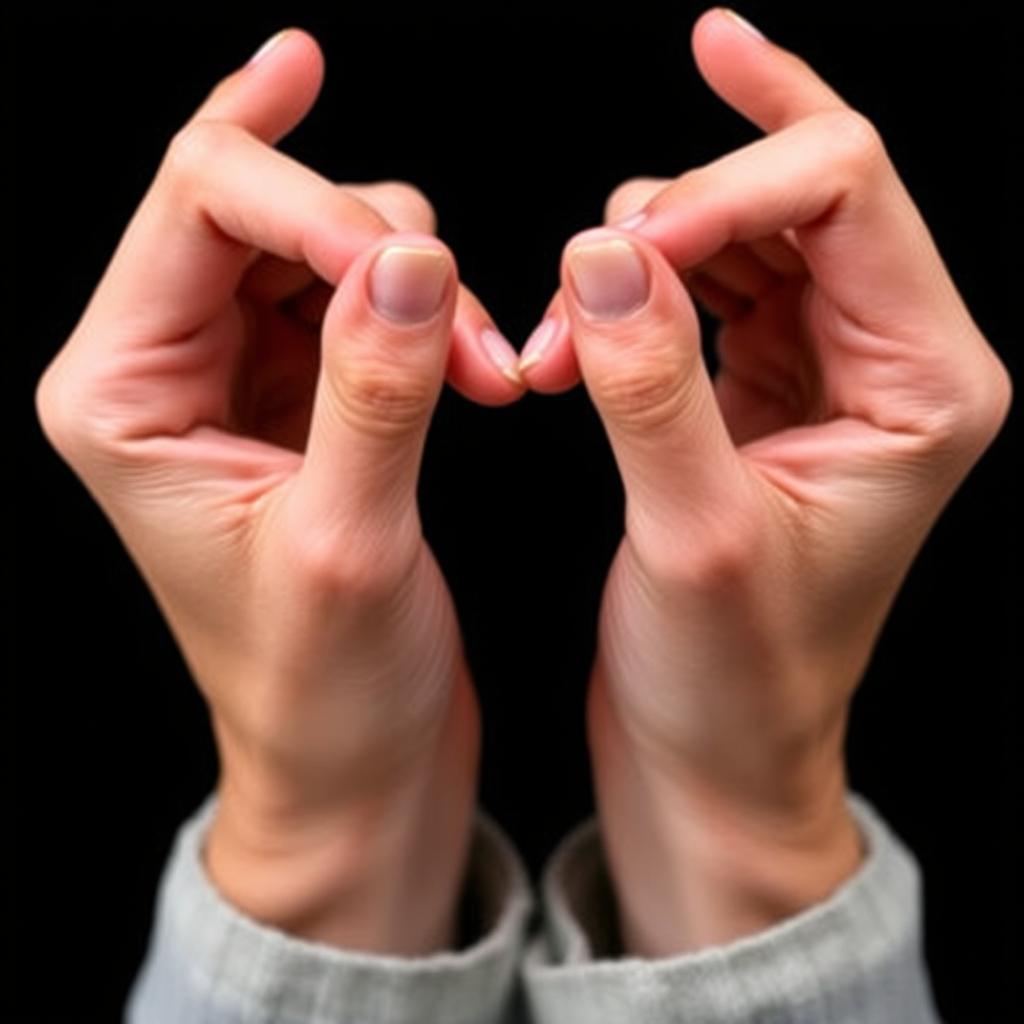 A close-up view of two hands with fingers intertwined in a unique formation, pointing upwards, creating an intriguing visual