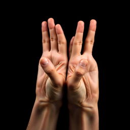 A close-up view of two hands with fingers intertwined in a unique formation, pointing upwards, creating an intriguing visual