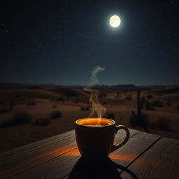 A serene scene of a steaming cup of coffee placed on a rustic wooden table, surrounded by vast, arid desert landscape under a starry night sky
