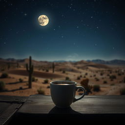 A serene scene of a steaming cup of coffee placed on a rustic wooden table, surrounded by vast, arid desert landscape under a starry night sky