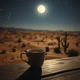 A serene scene of a steaming cup of coffee placed on a rustic wooden table, surrounded by vast, arid desert landscape under a starry night sky