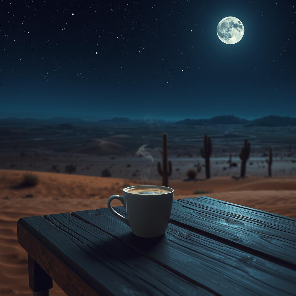 A serene scene of a steaming cup of coffee placed on a rustic wooden table, surrounded by vast, arid desert landscape under a starry night sky