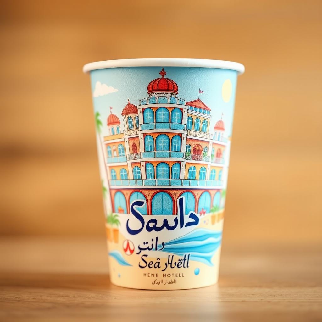 A paper cup featuring an intricate design of the Sea Hotel, showcasing its unique architecture and seaside elements