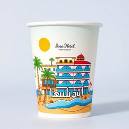 A paper cup featuring an intricate design of the Sea Hotel, showcasing its unique architecture and seaside elements