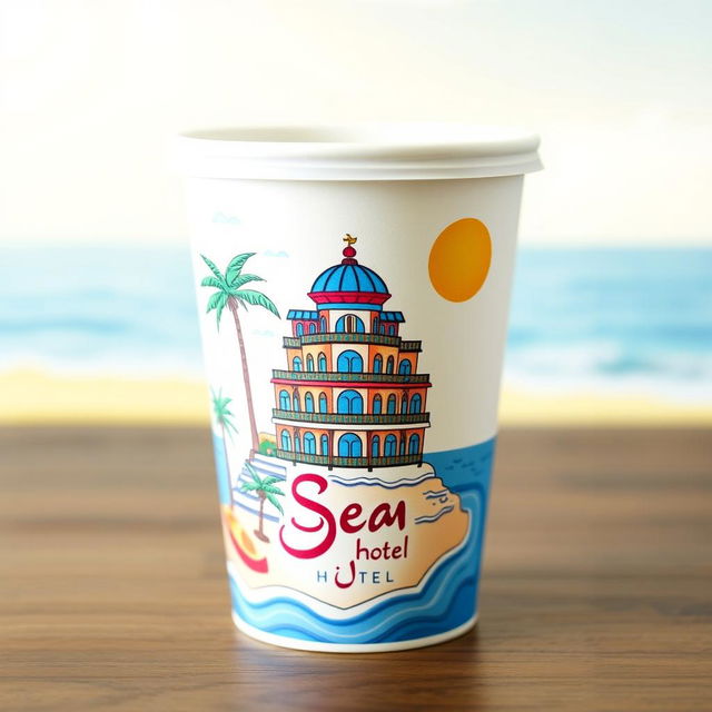 A paper cup featuring an intricate design of the Sea Hotel, showcasing its unique architecture and seaside elements