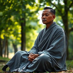 A serene and contemplative dark-skinned monk wearing a flowing grey robe, sitting cross-legged in a peaceful natural setting